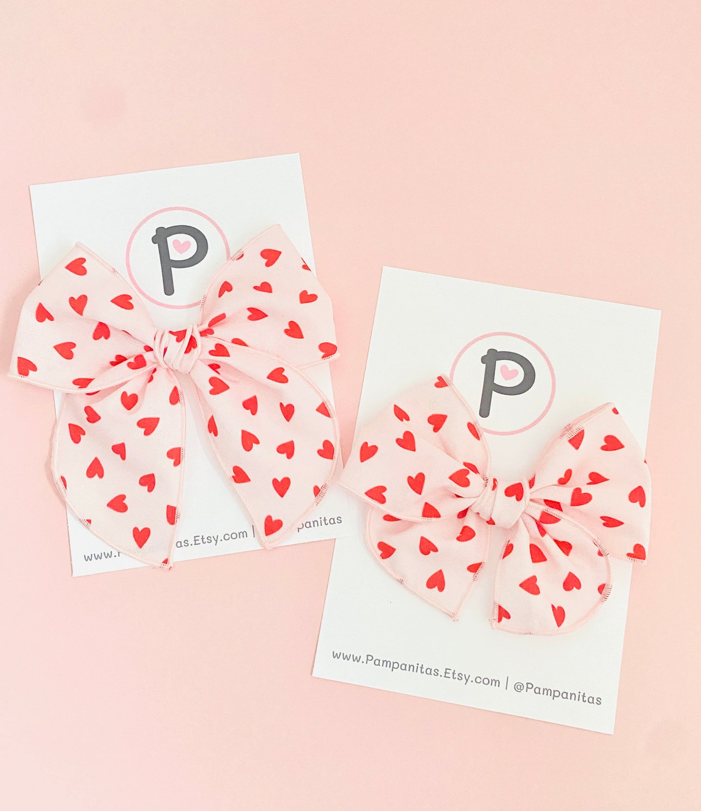 Valentines Hair Bows - Red hearts on pink Pattern