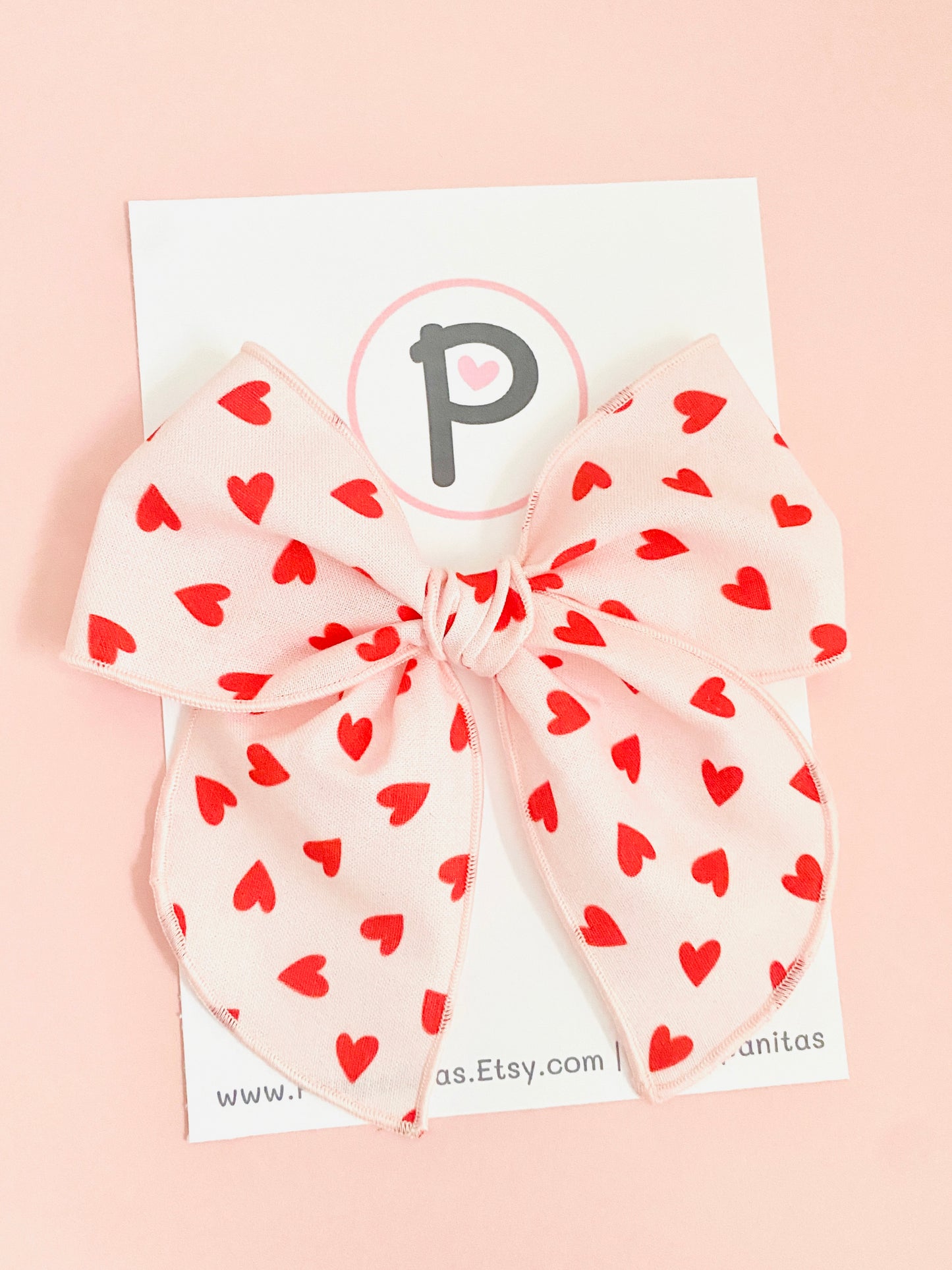 Valentines Hair Bows - Red hearts on pink Pattern