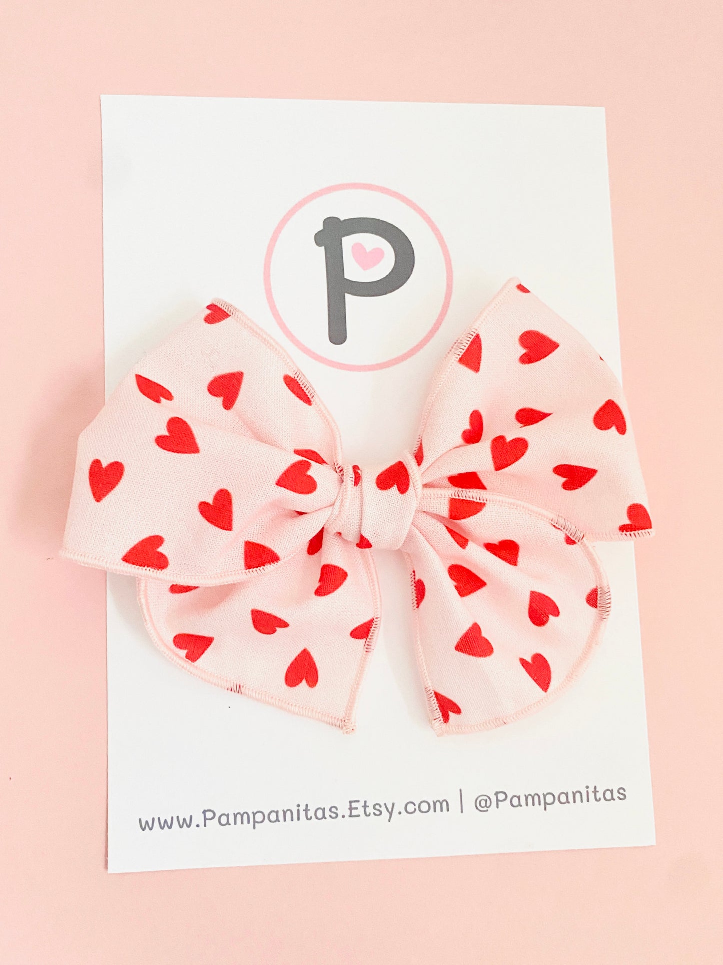 Valentines Hair Bows - Red hearts on pink Pattern