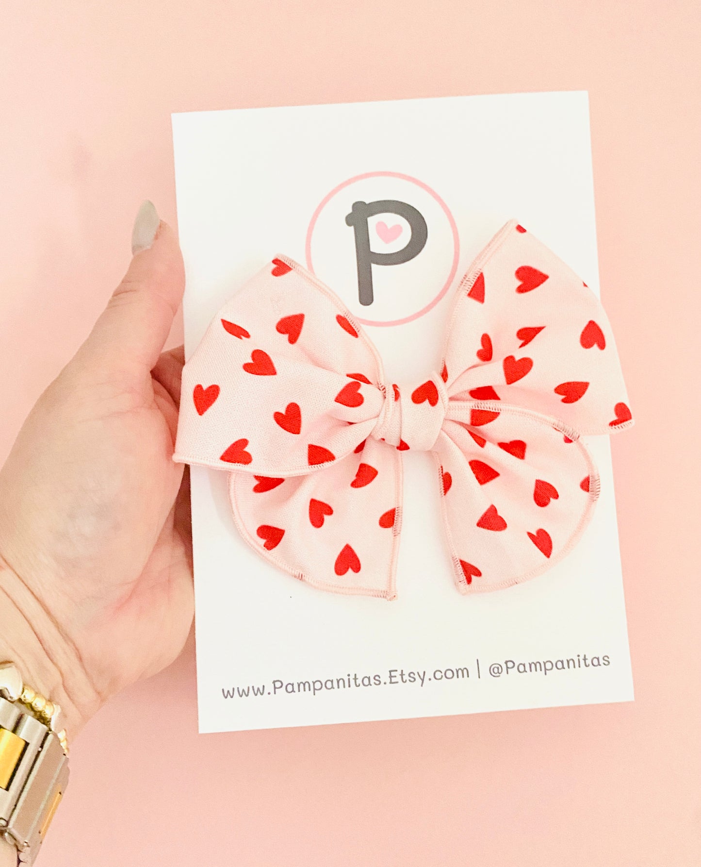 Valentines Hair Bows - Red hearts on pink Pattern