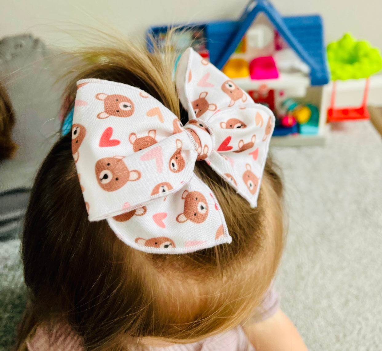 Hair Bows - Teddy Bear with little hearts Pattern